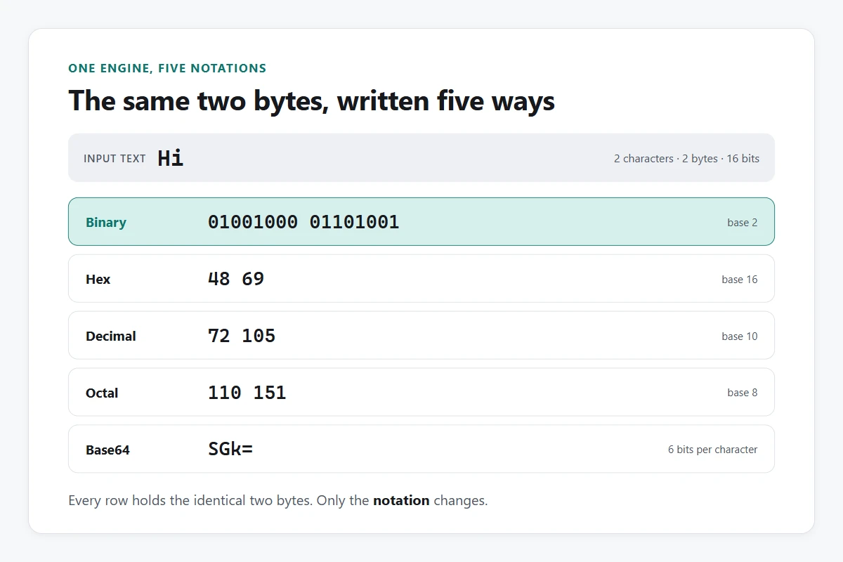 The text Hi in five notations: binary 01001000 01101001, hex 48 69, decimal 72 105, octal 110 151, and base64 SGk=